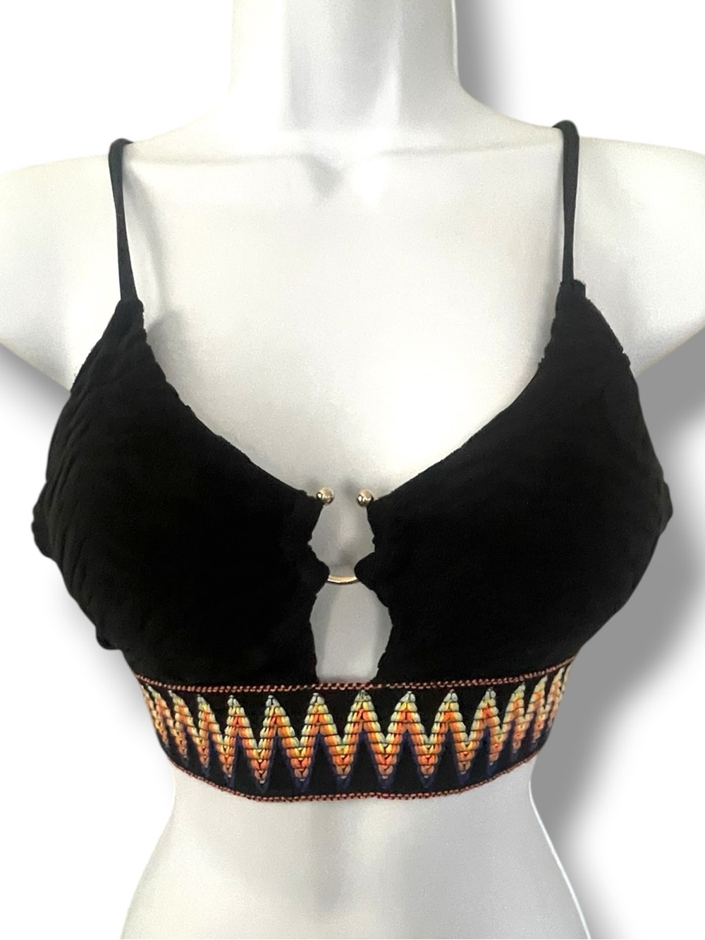 Bralette Crop Top Aztec Textured & Embroidered Trim Ring Detail Boho Festival - Picture 9 of 9